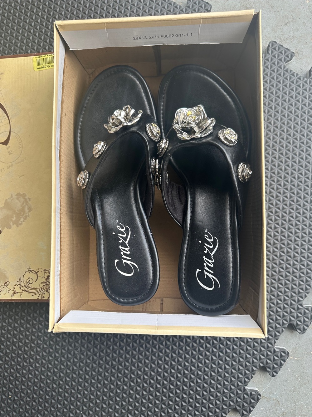 Grazie Black Slide Sandals with Silver Floral Embellishments